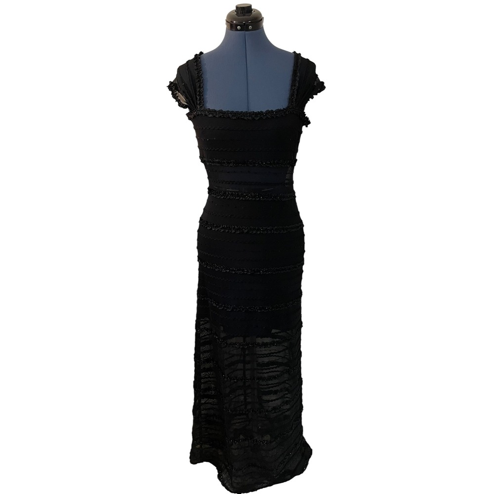 Tadashi Black Beaded Ruffle Tiered Sheer Mesh Bands Maxi Formal Dress Y2K Prom S - Picture 6 of 15